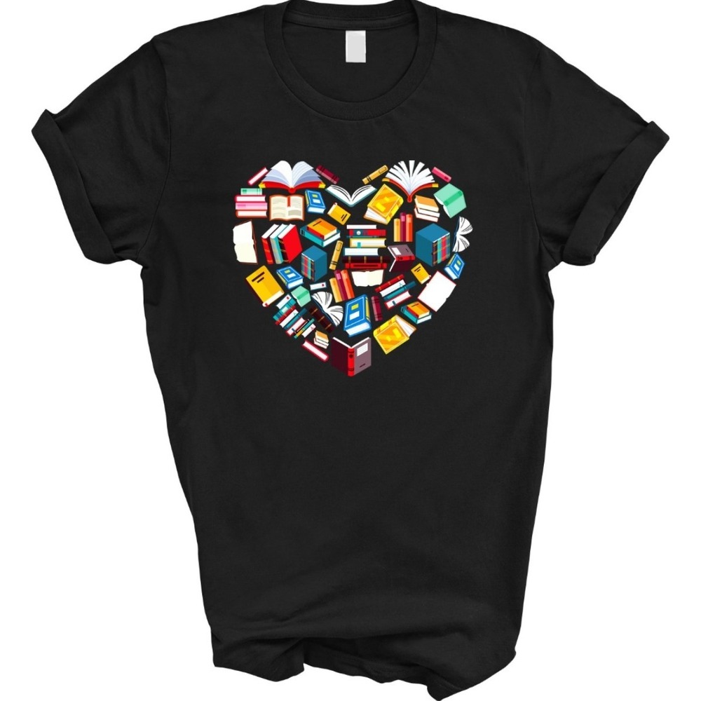 XL Womens Black cotton Tee heart shape books read across america teacher tshirtt